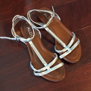 Silver Aldo sandals with rhinestone bar